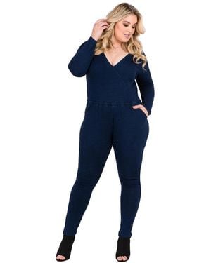 Standards & Practices Plus Size V-neck Long Sleeved Denim Jumpsuit - Blue
