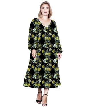 Standards & Practices Plus Size Floral-print Sheer Sleeve Midi Dress - Black