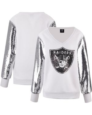 Cuce Las Vegas Raiders Sequin Sleeve V-neck Pullover Sweatshirt - White