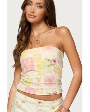 Edikted Cicilla Vintage Mixed Print Tube Top - Natural