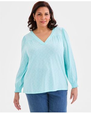 Style & Co. Plus Size Printed Smocked-cuff Long-sleeve V-neck Top - Blue