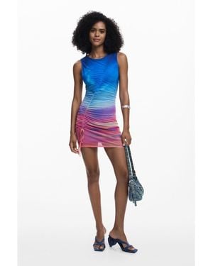 Desigual Print Ruched Sleeveless Minidress - Blue