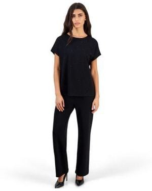 Anne Klein Essentials Serenity Heatset Boat Neck High Waisted Wide Leg Top Pants 2 Piece Set - Black
