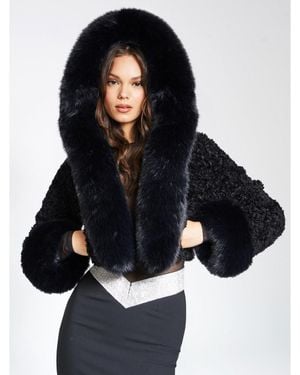 Miss Circle Kali Cropped Faux Fur Jacket With Hood - Black