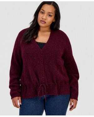 And Now This Trendy Plus Size Pointelle Drawstring Cardigan - Red