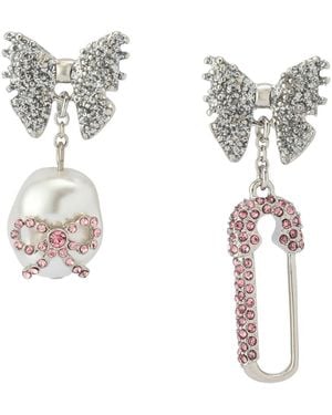 Betsey Johnson Faux Stone Bow Pearl Safety Pin Mismatch Earrings - Metallic
