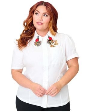 Unique Vintage Plus Size Blouse With Embroidered Collar - White