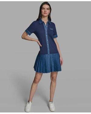 KARL LAGERFELD Short-sleeve Collared Knitted Polo Dress - Blue