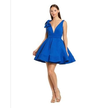 Mac Duggal Crepe Sleeveless V Neck Mini Dress With Bow - Blue