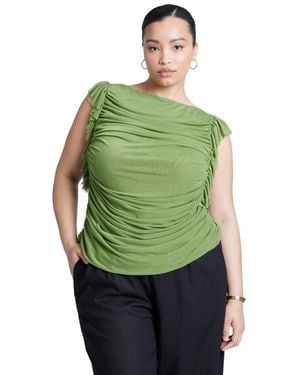 Eloquii Plus Size Shirred Mesh Top With Shoulder Flounces - Green