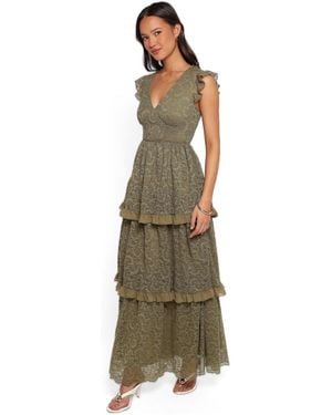 Petal & Pup Cataleya Wedding Guest V-neck Tiered Lace Maxi Dress - Green