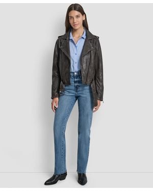 DKNY Leather Asymmetrical Zip-closure Moto Jacket - Blue