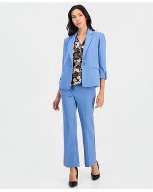 Anne Klein Essentials Petite Scrunch Sleeve Jacket Printed Bell Sleeve Top Cool Crepe Pull On Pants - Blue