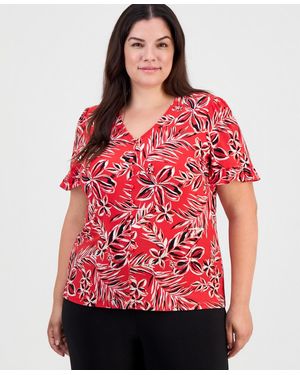 Anne Klein Essentials Plus Size Ruffled-cuff Short-sleeve Top - Red
