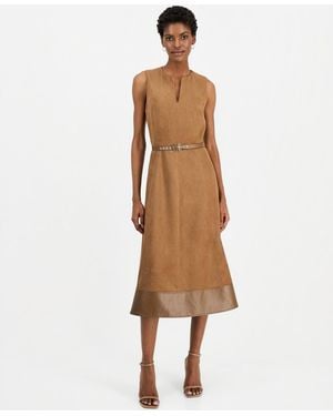 Tahari Paisley A-line V-neck Midi Dress - Natural
