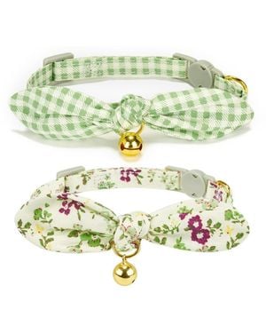 Aronkl Bowtie Cat Collar With Bell Breakaway Kitten Collars Removable Bow Cotton Stylish - Green