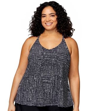Island Escape Plus Size Printed Racerback Tankini Top - Blue