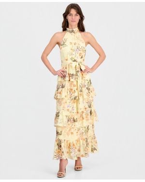Anne Klein Floral Print Halter Neck Sleeveless Maxi Dress - Metallic