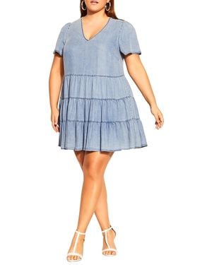 City Chic Plus Size Denim Tier Dress - Blue