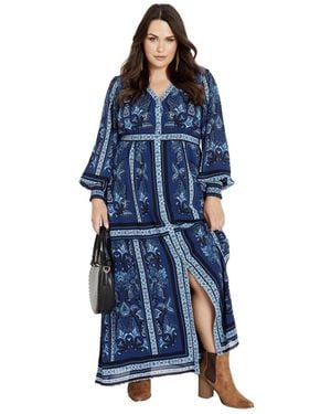 Avenue Plus Size Serene Placement Sleeved Maxi Dress - Blue