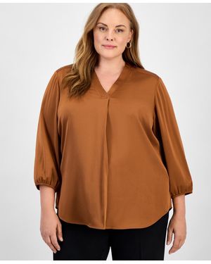 Jones New York Plus Size Satin 3/4-puff Sleeve V-neck Blouse - Brown