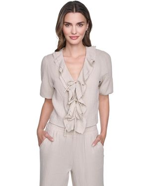 DKNY V-neck Short Puff Sleeve Tie-front Shirt - Multicolor