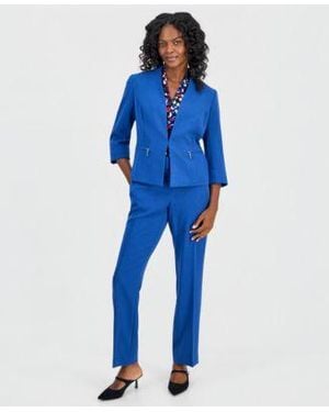 Kasper Collarless Zip Pocket Cuffed Sleeve Jacket Printed V Neck Short Sleeve Top Ava Straight Leg Pants - Blue