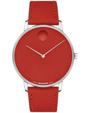 Movado Face Swiss Quartz Leather Watch - Red