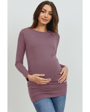 Hello Miss Casual Long Sleeve Side Ruched Crewneck Maternity Top - Purple