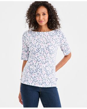 Style & Co. Printed Boat-neck Elbow-sleeve Top - White