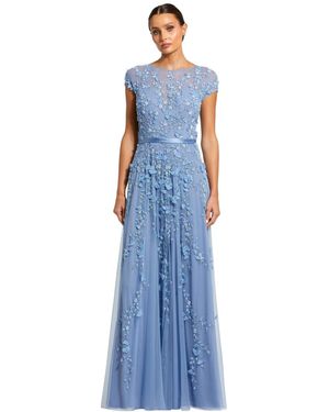 Mac Duggal Floral Embellished Short Sleeve Mesh Gown - Blue