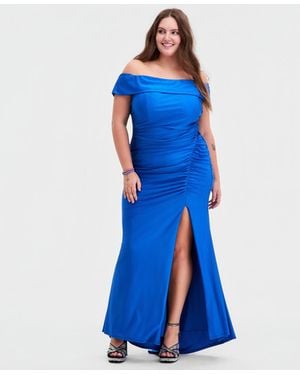 B Darlin Trendy Plus Size Off-the Shoulder Ruched Gown - Blue