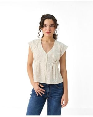 REISTOR Cream Embroidered Deep V-neck Top - White