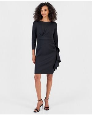 Anne Klein Boat Neck Draped Cascading-ruffle Sheath Dress - Blue