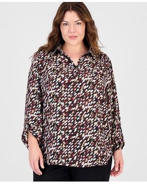 Anne Klein Essentials Plus Size V-neck Long Roll-tab Sleeves Blouse - Black