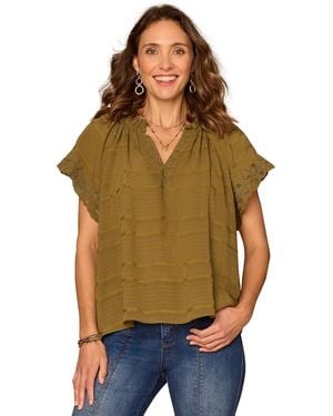 Democracy Petite Embroidered V-neck Woven Top - Green