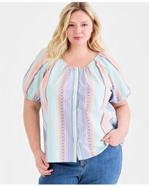 Style & Co. Plus Size Cotton Stripe Elbow-sleeve Blouse - White