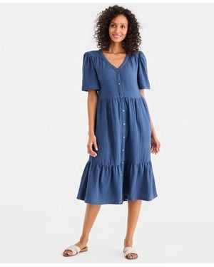 Style & Co. Cotton Gauze Tiered Button-front Midi Dress - Blue
