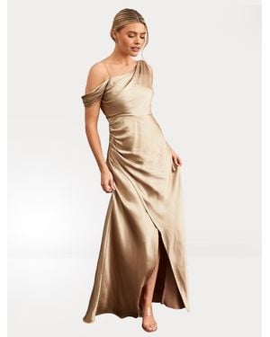 Six Stories Asymmetric Bardot Satin Bridesmaid Dress - Natural