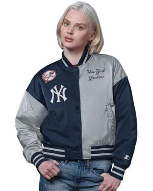 Starter Navy/gray New York Yankees Offside Cropped Full-snap Varsity Jacket - Blue