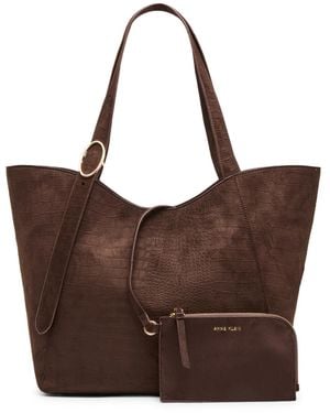 Anne Klein Faux Suede Croc Emboss Extra-large Tote Handbag - Brown