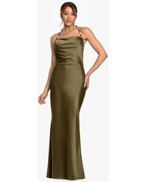 Betsy & Adam Cowl Neck Beaded Straps Column Gown - Green