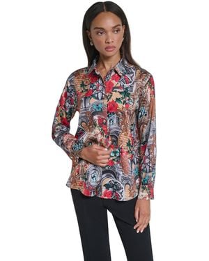 KARL LAGERFELD Button Front Long Sleeve Satin Blouse - Red