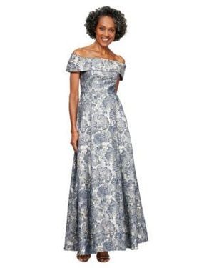Alex Evenings Printed Off The Shoulder Ballgown - Gray