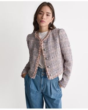 BCBGMAXAZRIA Crewneck Fringe Detail Tweed Jacket - Blue