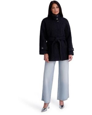 Kensie Belted Faux Boucle Wool Jacket With Stand Collar - Black