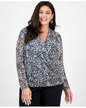 INC International Concepts Plus Size Mesh Draped Top - Gray