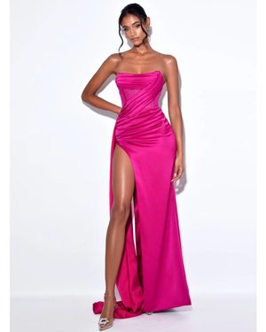 Miss Circle Holly Fuchsia Crystallized Corset High Slit Satin Gown - Pink