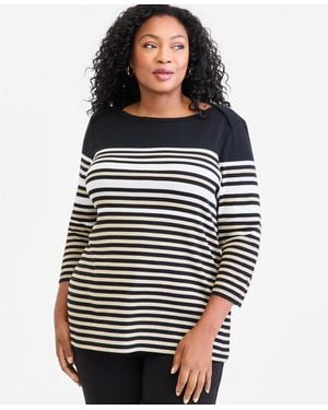 Style & Co. Plus Printed 3/4 Sleeve Boat-neck Top - Black