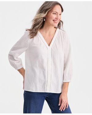 Style & Co. Cotton Gauze V-neck Blouse - White